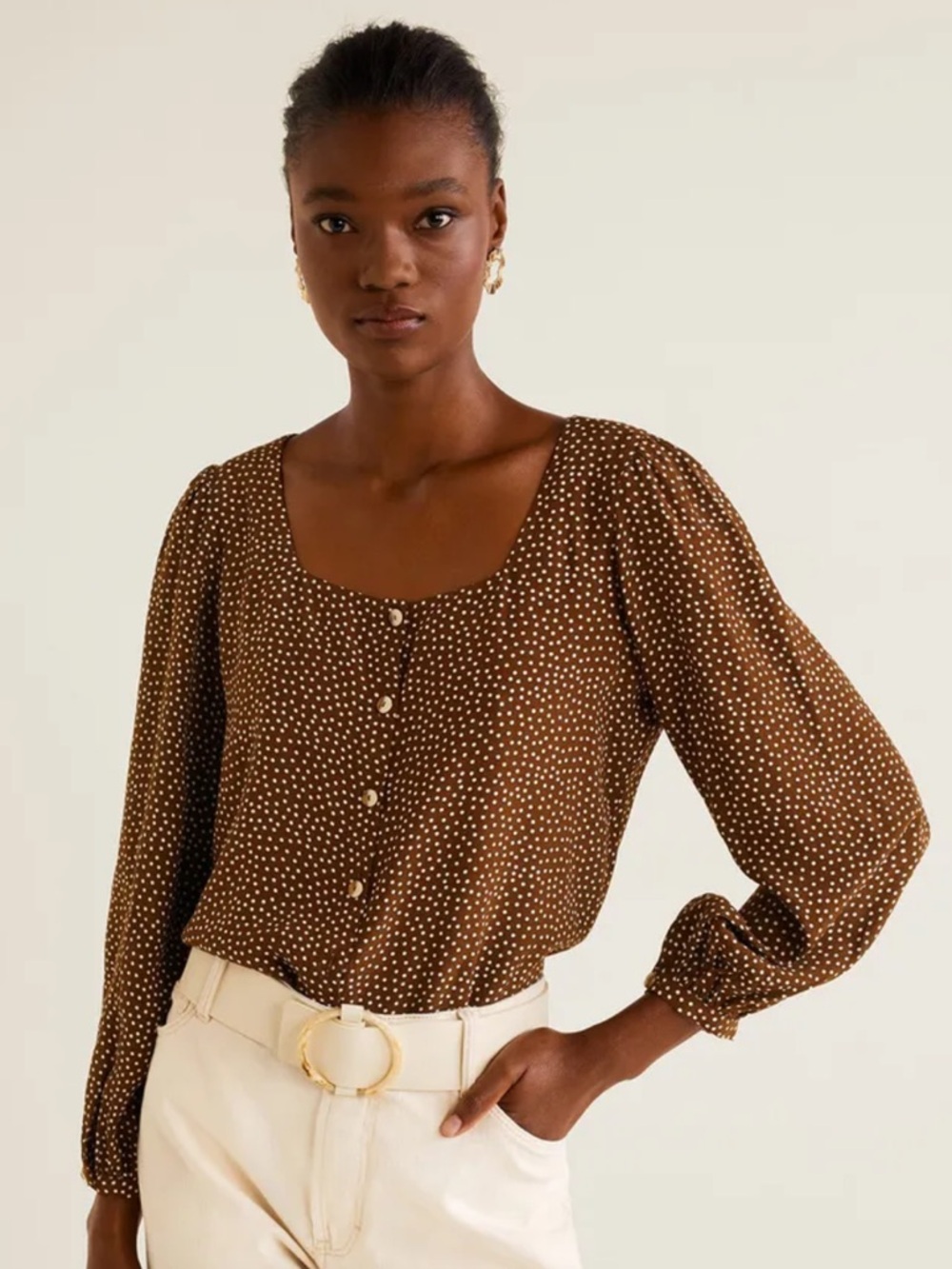 MANGO Women’s Brown and White Printed Top